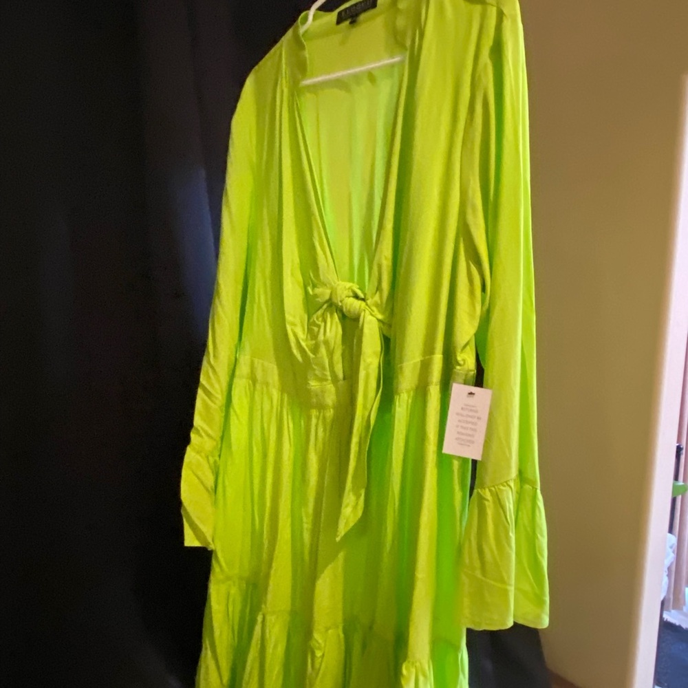 Eloquii Lime Green Ling Sleeve Midi Dress with Ruffled Sleeves and Hem